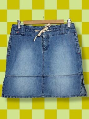 Tommy Jeans Vintage Y2K Drawstring Double Slit Denim Jean Micro Mini Skirt